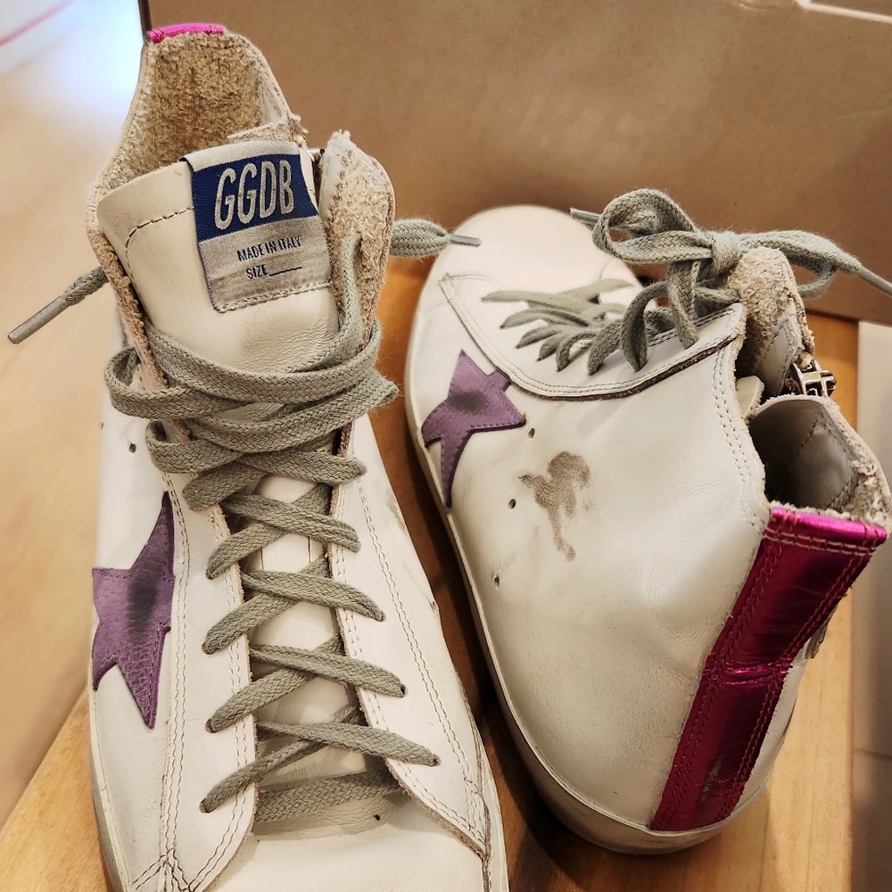 GOLDEN GOOSE FRANCY CLASSIC  HIGH TOP SIZE 8  WHITE/LAVENDER/FUXIA
